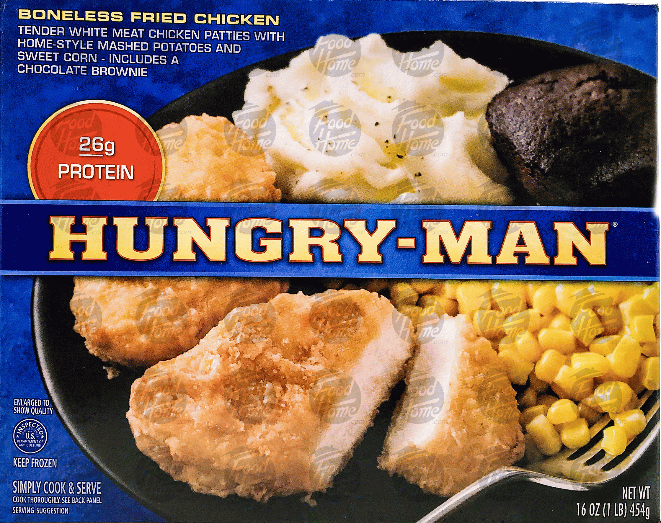 Hungry-Man  boneless fried chicken, with home-style mashed potatoes and sweet corn, includes a chocolate brownie Full-Size Picture